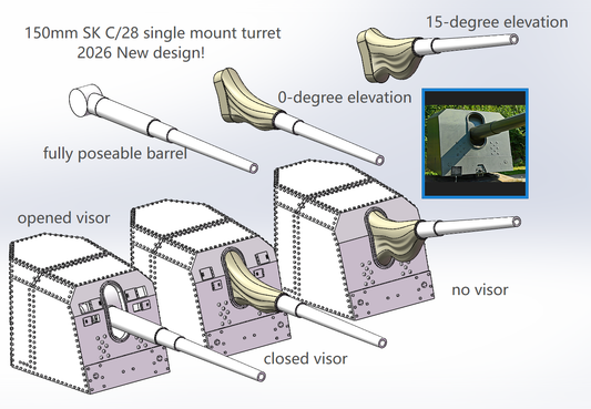 German Navy secondary guns, medium caliber guns, 150mm SKC28, 150mm SKC25, twin, triple and single mount turrets, 3D printed kits