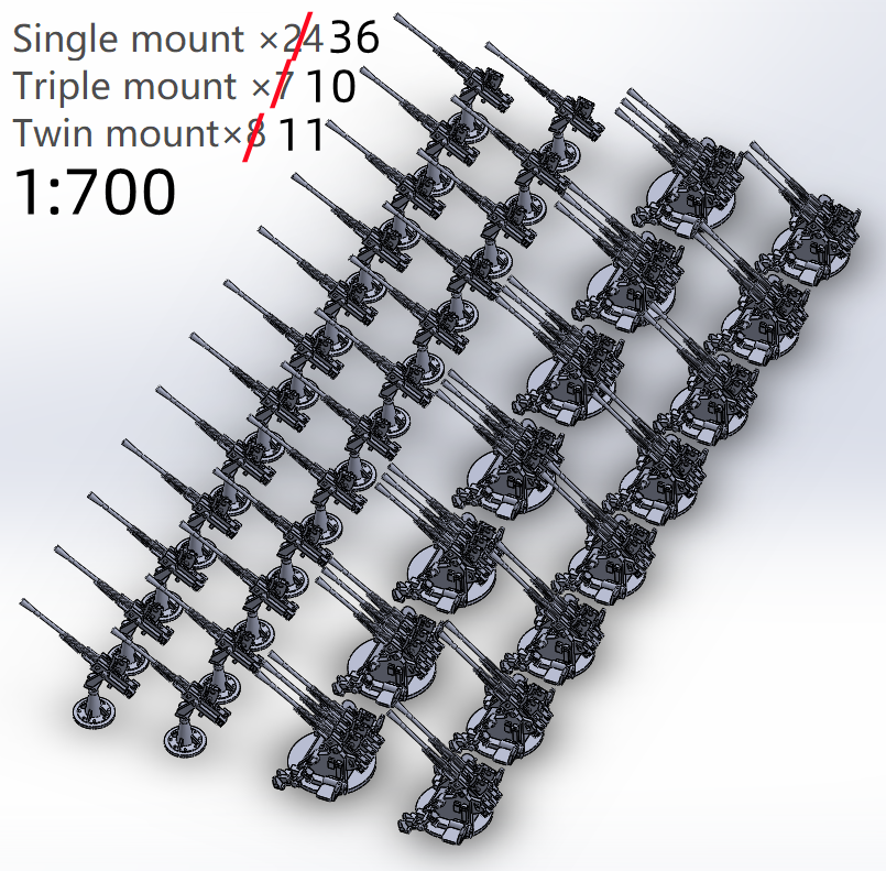 1:700, 1:350, IJN AA light gun set  25mm, v2024, Type 96 AA gun, Typ 96 Flak, with shield, without shield, turret type, Yamato, very detailed, sehr detailiert