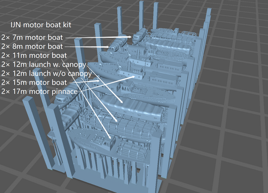 1:700 IJN Boat and Motor boat kit, 3d printed accessory, highly detailed, 12m launch, 15m motor boat, 17m motor pinnace, 12m launch