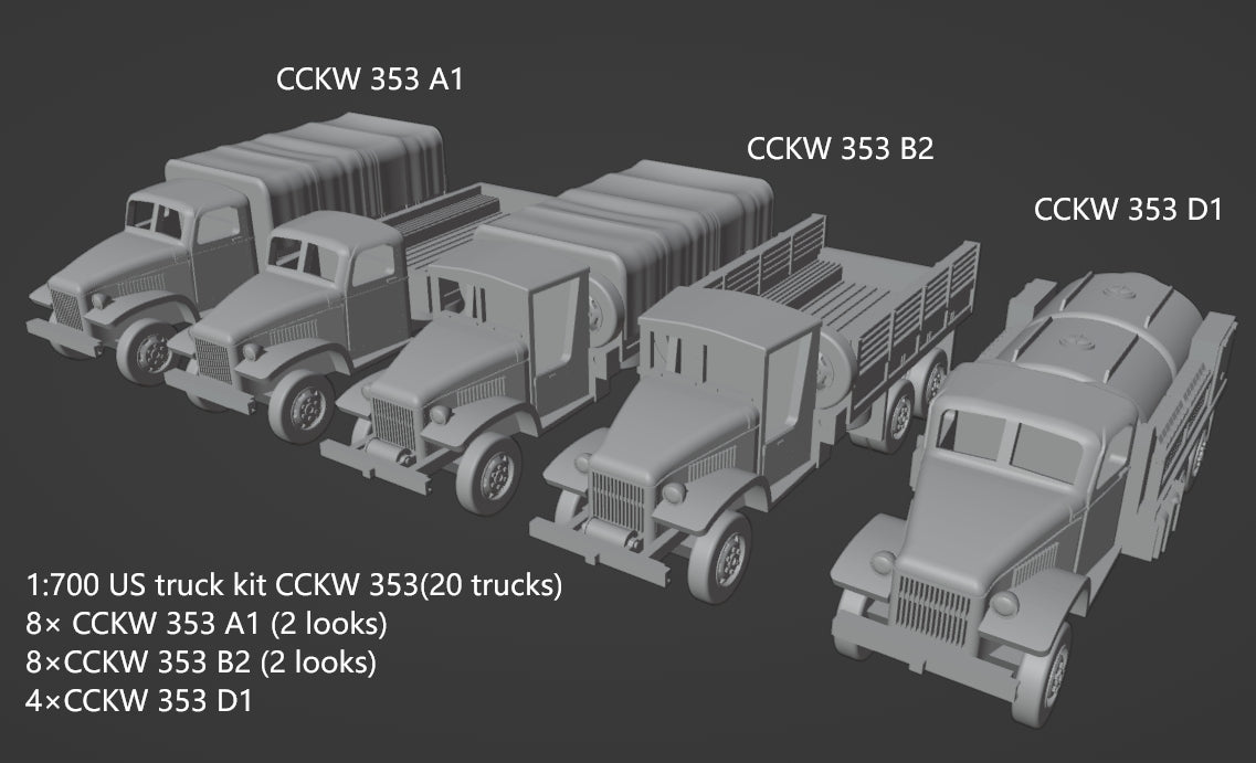 1:700, 1:350 allied vehicles, US tanks, UK tanks, US trucks, M4, sherman tank, CCKW 353 truck, M10, M7, M36, M3, firefly tank, Cromwell, Churchill, 3D printed kit