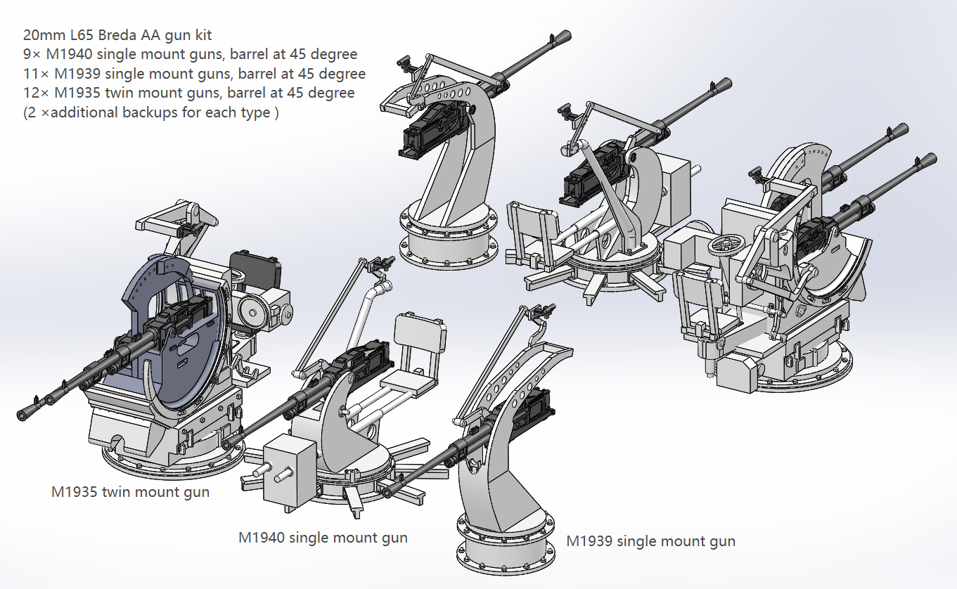 Italian navy light AA guns, 20mm, 37mm, Breda AA guns, 20mm L65, 37mm L54, 3D printed kits Regia Marina