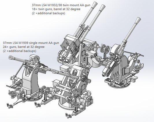 Italian navy light AA guns, 20mm, 37mm, Breda AA guns, 20mm L65, 37mm L54, 3D printed kits Regia Marina