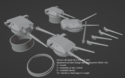1:700, 1:350, 1:250 German Main Gun Turret, 3D printed, battleship, Bismarck, Tirpitz, WWII, WWI, Bayern, Nassau, Scharnhorst, C34 naval gun, 38 cm gun, 28 cm gun