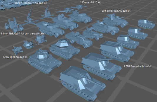 1:700, 1:350 German artillery, Anti-aircraft gun kit, Self-propelled howitzer, aa guns, anti-tank gun, Hummel, Wespe, ammo car,  sfh 18, leFH 18, Pak40, Pak43,  Flak 18