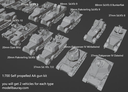 1:700, 1:350 German artillery, Anti-aircraft gun kit, Self-propelled howitzer, aa guns, anti-tank gun, Hummel, Wespe, ammo car,  sfh 18, leFH 18, Pak40, Pak43,  Flak 18