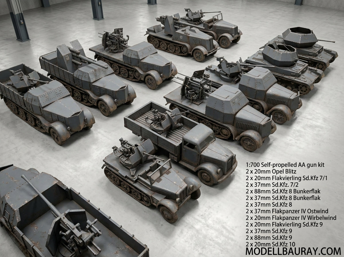 1:700, 1:350 German artillery, Anti-aircraft gun kit, Self-propelled howitzer, aa guns, anti-tank gun, Hummel, Wespe, ammo car,  sfh 18, leFH 18, Pak40, Pak43,  Flak 18