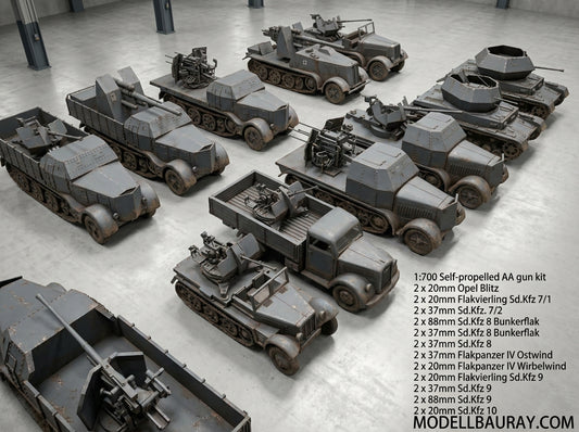 1:700, 1:350 German artillery, Anti-aircraft gun kit, Self-propelled howitzer, aa guns, anti-tank gun, Hummel, Wespe, ammo car,  sfh 18, leFH 18, Pak40, Pak43,  Flak 18