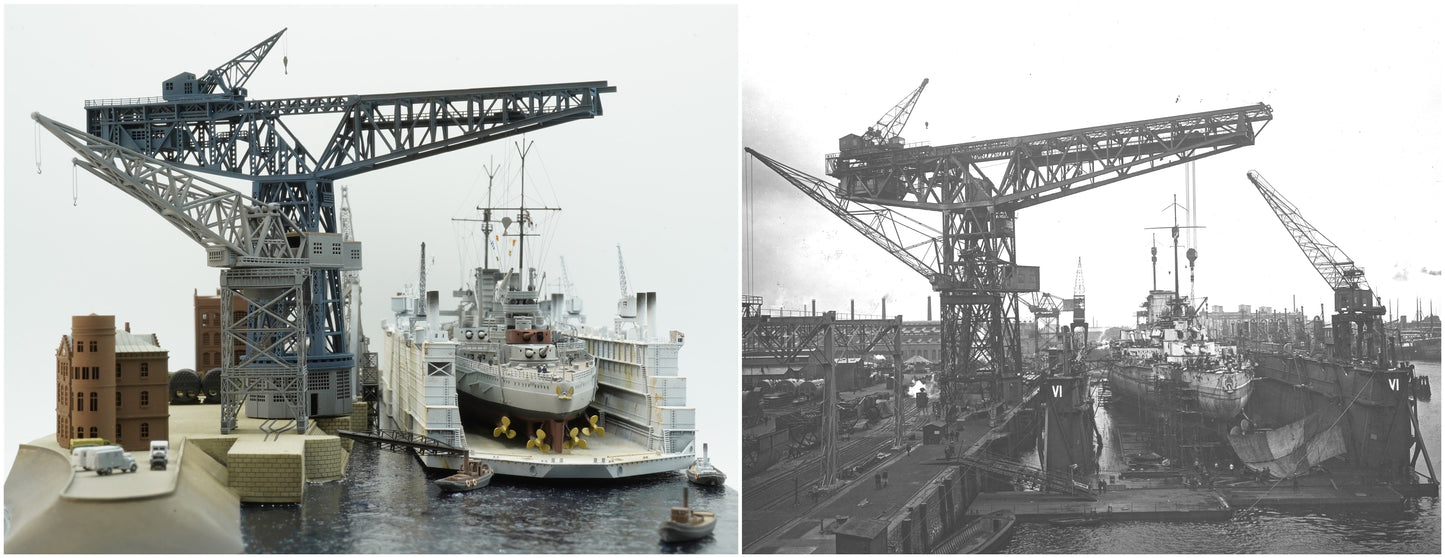 1:700 Hamburg Port and Shipyard, Hamburger Hafen und Werft. BV 250 t crane, warehouse, Blohm Voss