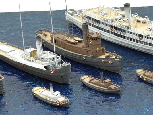 1:700 Auxiliary ships, tugboat, ferry, coal ship, oil tanker, barracks ship, floating crane