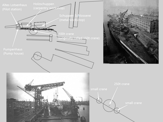 1:700 Hamburg Port and Shipyard, Hamburger Hafen und Werft. BV 250 t crane, warehouse, Blohm Voss