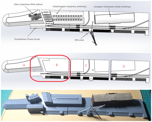 1:700 Hamburg Port and Shipyard, Hamburger Hafen und Werft. BV 250 t crane, warehouse, Blohm Voss