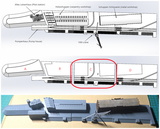 1:700 Hamburg Port and Shipyard, Hamburger Hafen und Werft. BV 250 t crane, warehouse, Blohm Voss
