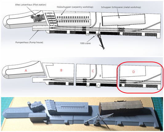 1:700 Hamburg Port and Shipyard, Hamburger Hafen und Werft. BV 250 t crane, warehouse, Blohm Voss