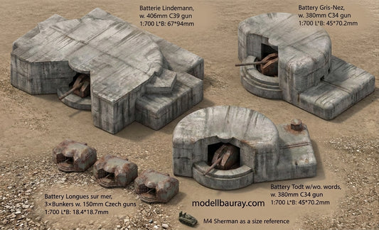 1:700 Atlantikwall 380 mm, 406 mm gun, Batterie Todt, Lindemann, Atlantic Wall, bunker, Battery Longues sur mer, Normandy