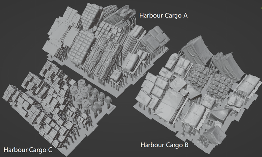 1:700 harbour cargo, cases, boxes, ammo box, ship building material, container, oil drum, wood piles, chest