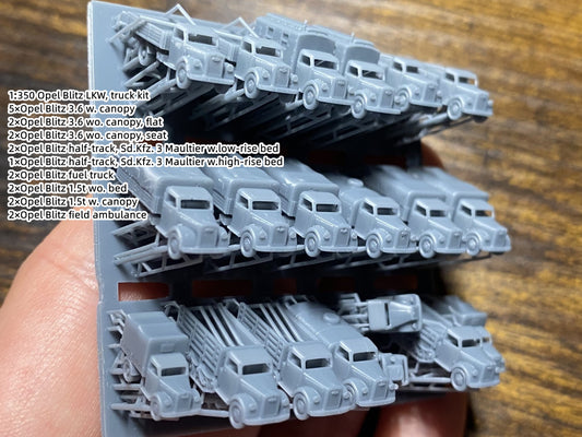 1:700, 1:350, 1:144 German truck, personnel carrier, bus, classic cars, Opel Blitz, Omnibus, Kübelwagen, LO 2000, AHN, Mercedes-Benz W31, Henschel 33 D1, Opel Olympia, L3H163, Horch 850