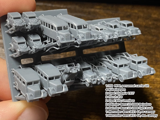 1:700, 1:350, 1:144 German truck, personnel carrier, bus, classic cars, Opel Blitz, Omnibus, Kübelwagen, LO 2000, AHN, Mercedes-Benz W31, Henschel 33 D1, Opel Olympia, L3H163, Horch 850