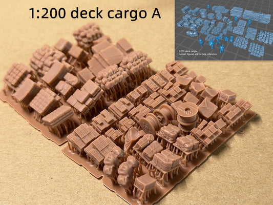 1:350, 1:200 harbour cargo, cases, boxes, ammo box, ship building material, container, oil drum, wood piles, chest