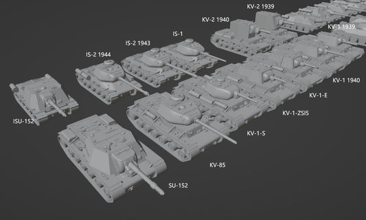 1:700, 1:350 Russian tank kit, T34, KV1, KV2, IS1, IS2, ISU152, US152, SU85, SU100, T26, BT7, 3D printed kit