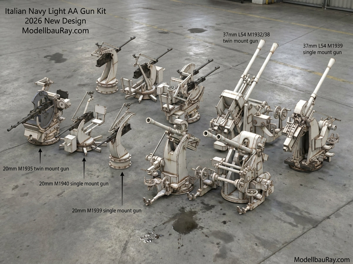 Italian navy light AA guns, 20mm, 37mm, Breda AA guns, 20mm L65, 37mm L54, 3D printed kits Regia Marina