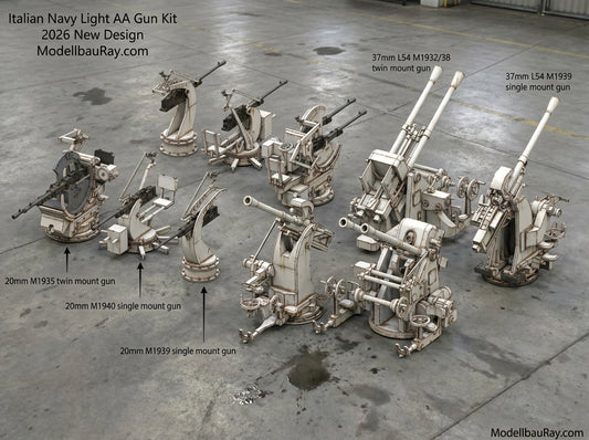 Italian navy light AA guns, 20mm, 37mm, Breda AA guns, 20mm L65, 37mm L54, 3D printed kits Regia Marina