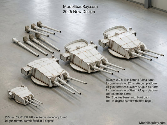 Italian navy main gun turrets, 305mm, 380mm, 320mm, Littorio, Roma, Conte di Cavour, Dante Alighieri 3D printed kits
