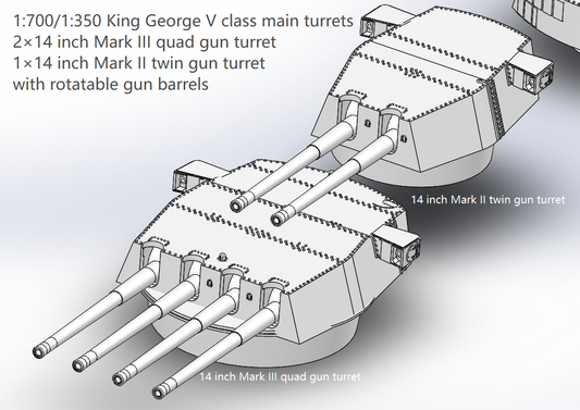1:700 1:350 Royal navy main guns, 12 inch, 13.5 inch, 14 inch, 15 inch, 16 inch, 18 inch, Dreadnought, Neptune, Colossus class, Orion class, Iron Duke class, HMS Agincourt, Queen Elizabeth class, Revenge class, Nelson class, King Georges V class, Hood