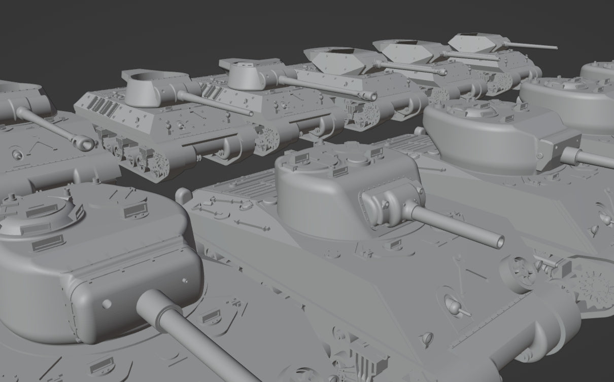 1:700, 1:350 allied vehicles, US tanks, UK tanks, US trucks, M4, sherman tank, CCKW 353 truck, M10, M7, M36, M3, firefly tank, Cromwell, Churchill, 3D printed kit