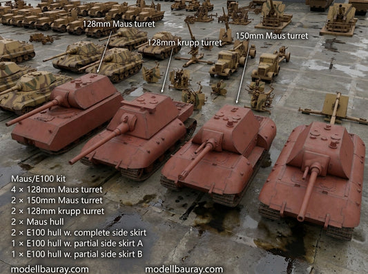 1:700, 1:350 German super heavy tanks set,  P1000 Ratte und P1500 landkreuzer, E100, Maus, Karl Gerät, Krupp Räumer S, V2