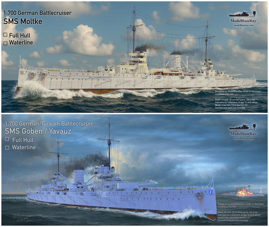 1:700 German Battlecruiser SMS Moltke, SMS Goeben (Yavuz Sultan Selim), 3d printed, resin model, waterline, full hull model