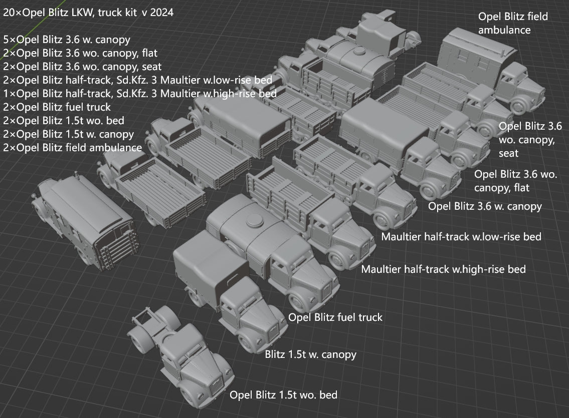 1:700, 1:350 German truck, personnel carrier, bus, classic cars, Opel Blitz, Omnibus, Kübelwagen, LO 2000, AHN, Mercedes-Benz W31, Henschel 33 D1, Opel Olympia, L3H163, Horch 850