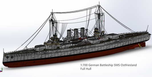 1:700 German Battleship SMS Ostfriesland, Helgoland class, 3d printed, resin model, waterline, full hull model
