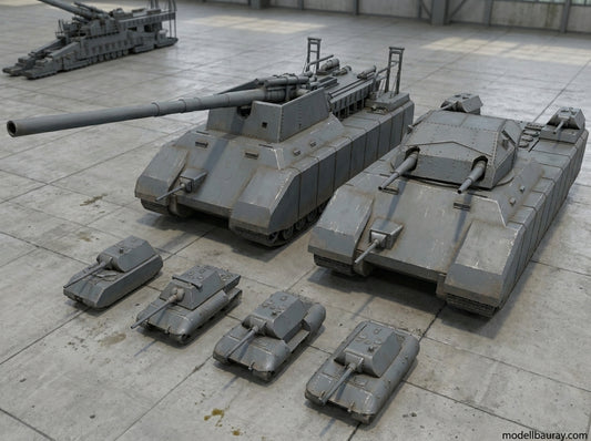 1:700, 1:350 German super heavy tanks set,  P1000 Ratte und P1500 landkreuzer, E100, Maus, Karl Gerät, Krupp Räumer S, V2