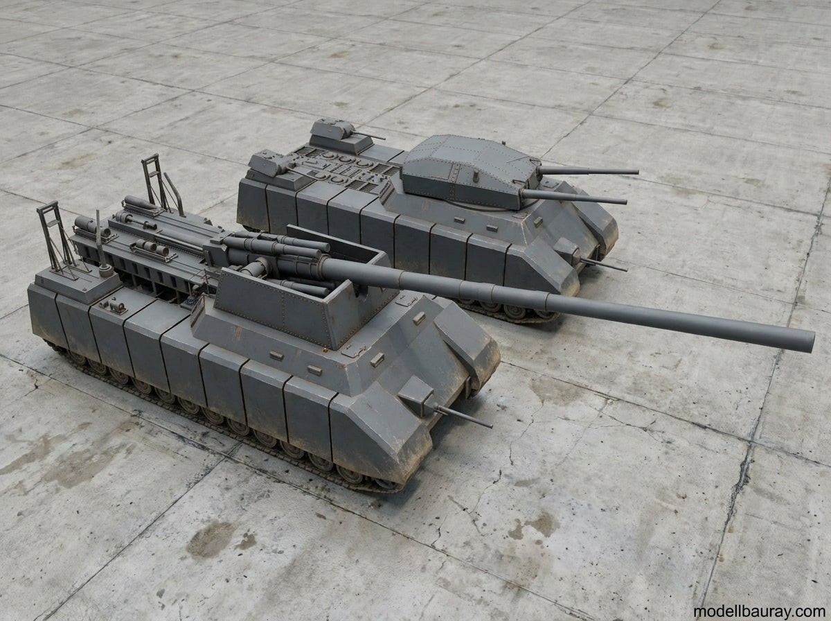1:700, 1:350 German super heavy tanks set,  P1000 Ratte und P1500 landkreuzer, E100, Maus, Karl Gerät, Krupp Räumer S, V2
