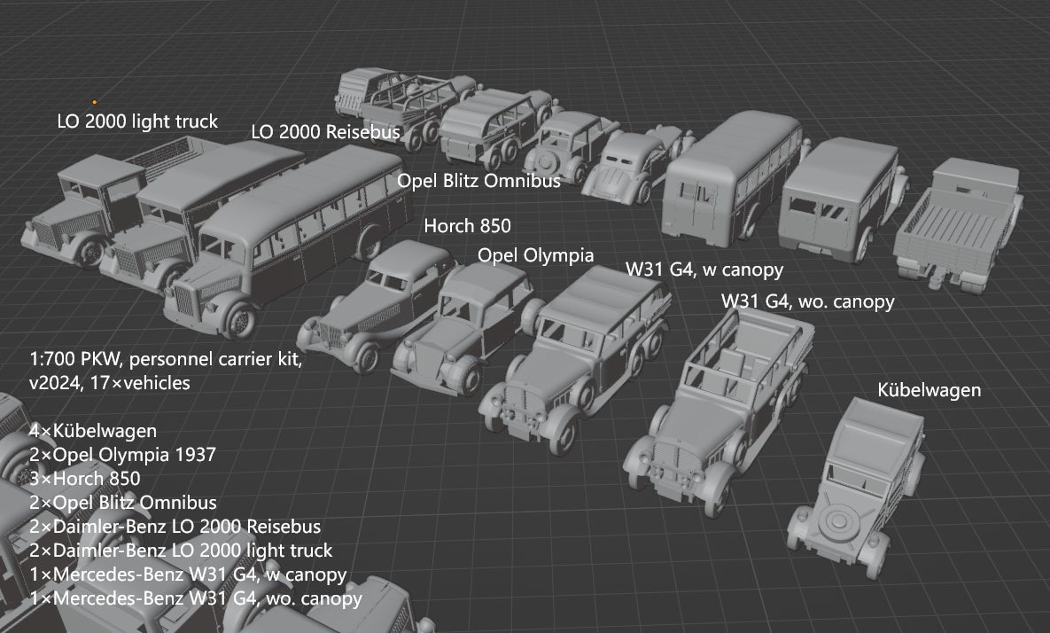 1:700, 1:350 German truck, personnel carrier, bus, classic cars, Opel Blitz, Omnibus, Kübelwagen, LO 2000, AHN, Mercedes-Benz W31, Henschel 33 D1, Opel Olympia, L3H163, Horch 850