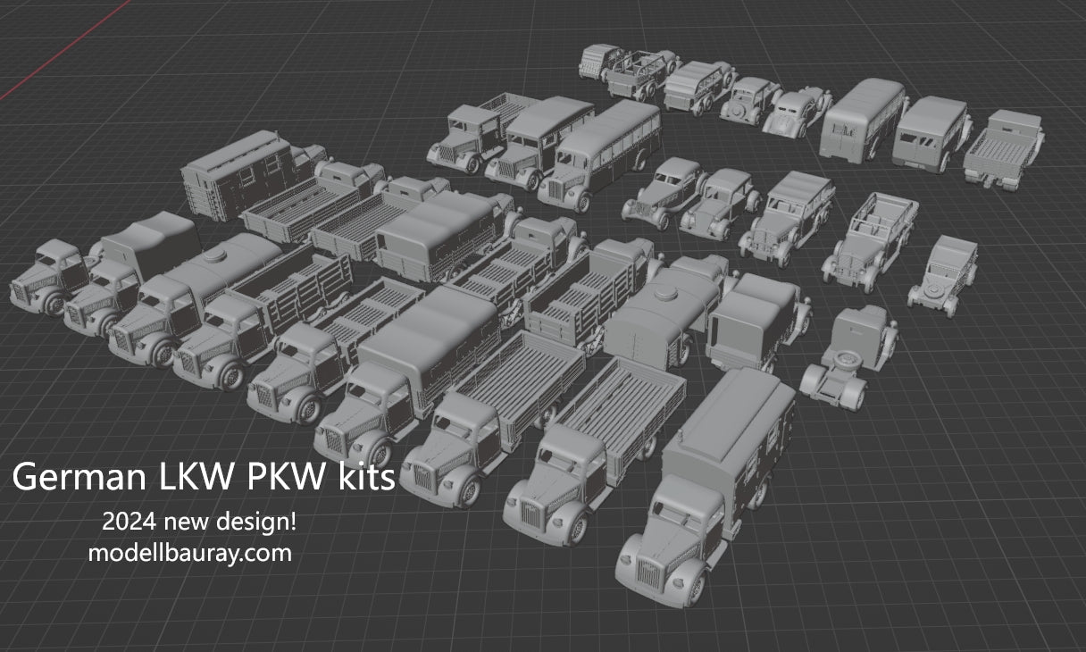 1:700, 1:350 German truck, personnel carrier, bus, classic cars, Opel Blitz, Omnibus, Kübelwagen, LO 2000, AHN, Mercedes-Benz W31, Henschel 33 D1, Opel Olympia, L3H163, Horch 850