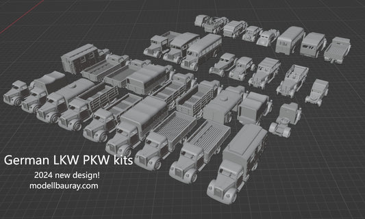 1:700, 1:350 German truck, personnel carrier, bus, classic cars, Opel Blitz, Omnibus, Kübelwagen, LO 2000, AHN, Mercedes-Benz W31, Henschel 33 D1, Opel Olympia, L3H163, Horch 850