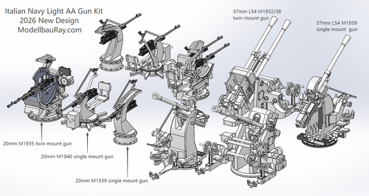 Italian navy light AA guns, 20mm, 37mm, Breda AA guns, 20mm L65, 37mm L54, 3D printed kits Regia Marina