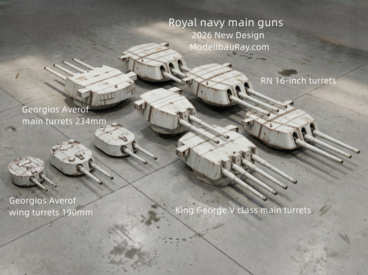 1:700 1:350 Royal navy main guns, 12 inch, 13.5 inch, 14 inch, 15 inch, 16 inch, 18 inch, Dreadnought, Neptune, Colossus class, Orion class, Iron Duke class, HMS Agincourt, Queen Elizabeth class, Revenge class, Nelson class, King Georges V class, Hood