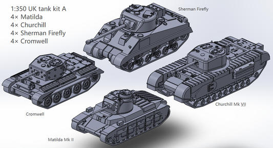 1:700, 1:350 allied vehicles, US tanks, UK tanks, US trucks, M4, sherman tank, Comet tank, Matilda tank, Crusader tank, Valentine tank, CCKW 353 truck, M10, M7, M36, M3, firefly tank, Cromwell, Churchill, 3D printed kit