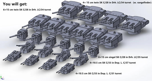 1:700, 1:350 German Navy Secondary Guns, WWI, WWII, heavy AA guns 88mm, 150mm guns