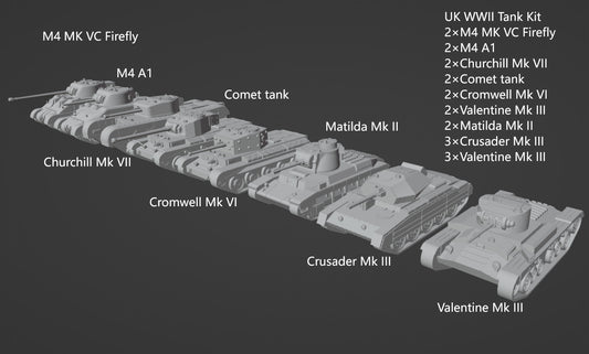 1:700, 1:350 allied vehicles, US tanks, UK tanks, US trucks, M4, sherman tank, Comet tank, Matilda tank, Crusader tank, Valentine tank, CCKW 353 truck, M10, M7, M36, M3, firefly tank, Cromwell, Churchill, 3D printed kit