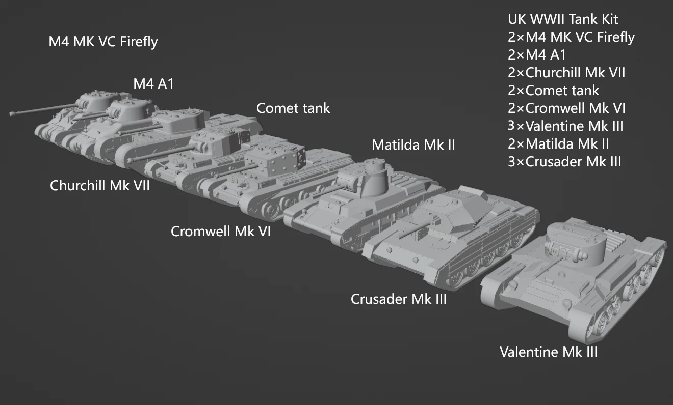 1:700, 1:350 allied vehicles, US tanks, UK tanks, US trucks, M4, sherman tank, Comet tank, Matilda tank, Crusader tank, Valentine tank, CCKW 353 truck, M10, M7, M36, M3, firefly tank, Cromwell, Churchill, 3D printed kit