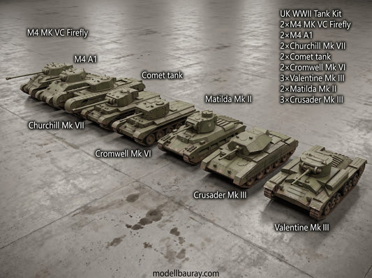 1:700, 1:350 allied vehicles, US tanks, UK tanks, US trucks, M4, sherman tank, Comet tank, Matilda tank, Crusader tank, Valentine tank, CCKW 353 truck, M10, M7, M36, M3, firefly tank, Cromwell, Churchill, 3D printed kit