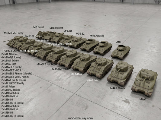 1:700, 1:350 allied vehicles, US tanks, UK tanks, US trucks, M4, sherman tank, Comet tank, Matilda tank, Crusader tank, Valentine tank, CCKW 353 truck, M10, M7, M36, M3, firefly tank, Cromwell, Churchill, 3D printed kit