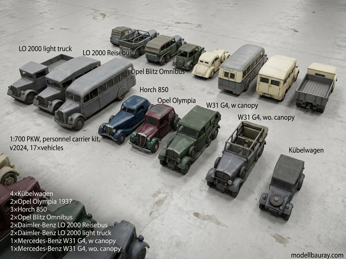 1:700, 1:350, 1:144 German truck, personnel carrier, bus, classic cars, Opel Blitz, Omnibus, Kübelwagen, LO 2000, AHN, Mercedes-Benz W31, Henschel 33 D1, Opel Olympia, L3H163, Horch 850
