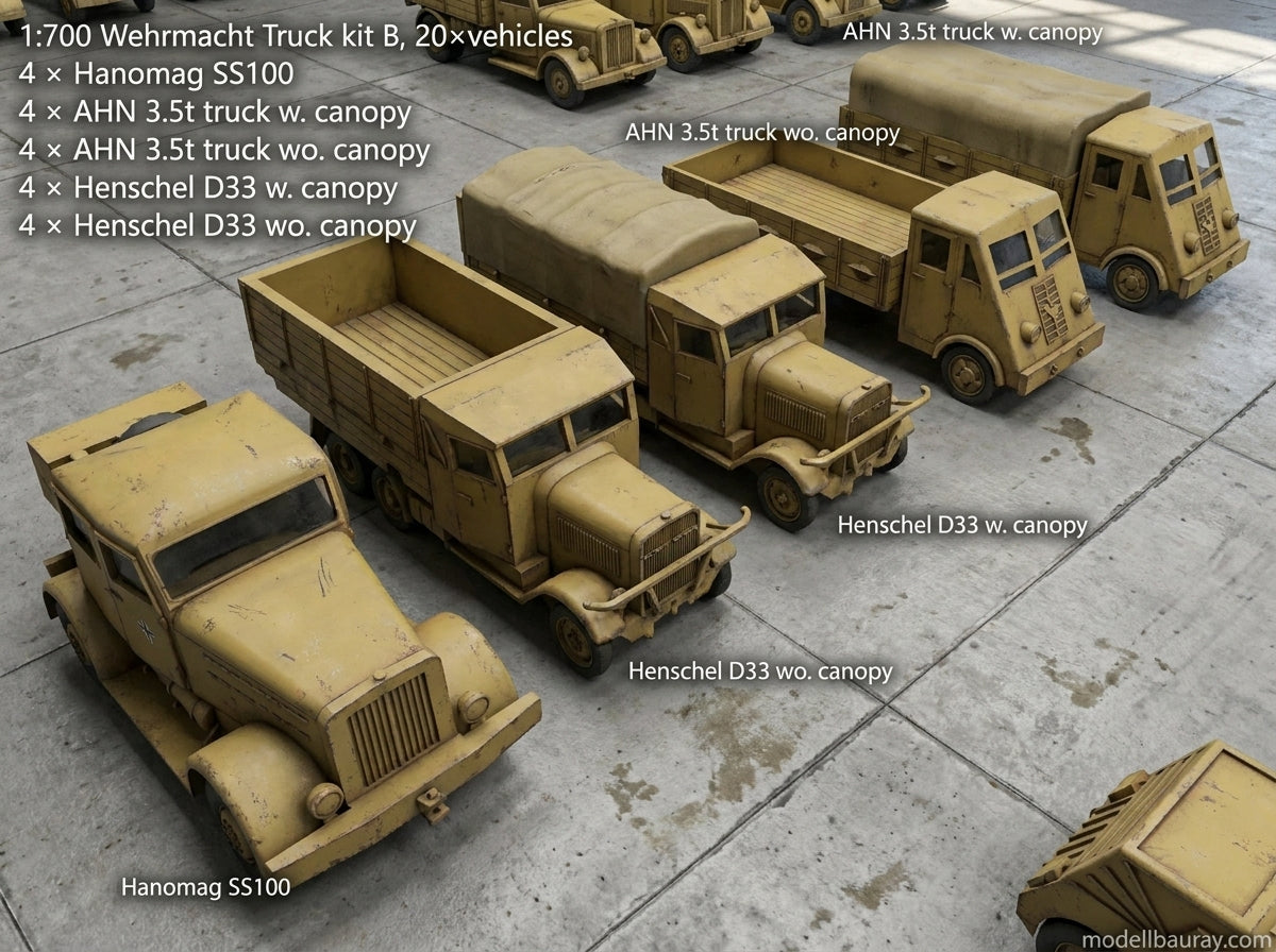 1:700, 1:350, 1:144 German truck, personnel carrier, bus, classic cars, Opel Blitz, Omnibus, Kübelwagen, LO 2000, AHN, Mercedes-Benz W31, Henschel 33 D1, Opel Olympia, L3H163, Horch 850