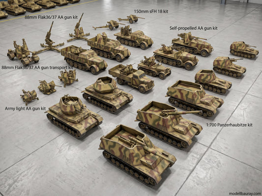 1:700, 1:350 German artillery, Anti-aircraft gun kit, Self-propelled howitzer, aa guns, anti-tank gun, Hummel, Wespe, ammo car,  sfh 18, leFH 18, Pak40, Pak43,  Flak 18