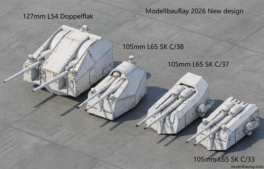 Kriegsmarine heavy AA guns, 105mm AA guns, 127mm, 128mm AA guns, 105mm L65 SK C38, 127mm L55 Flak, 3D printed kits