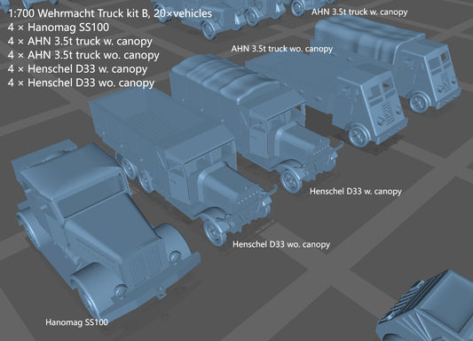 1:700, 1:350 German truck, personnel carrier, bus, classic cars, Opel Blitz, Omnibus, Kübelwagen, LO 2000, AHN, Mercedes-Benz W31, Henschel 33 D1, Opel Olympia, L3H163, Horch 850